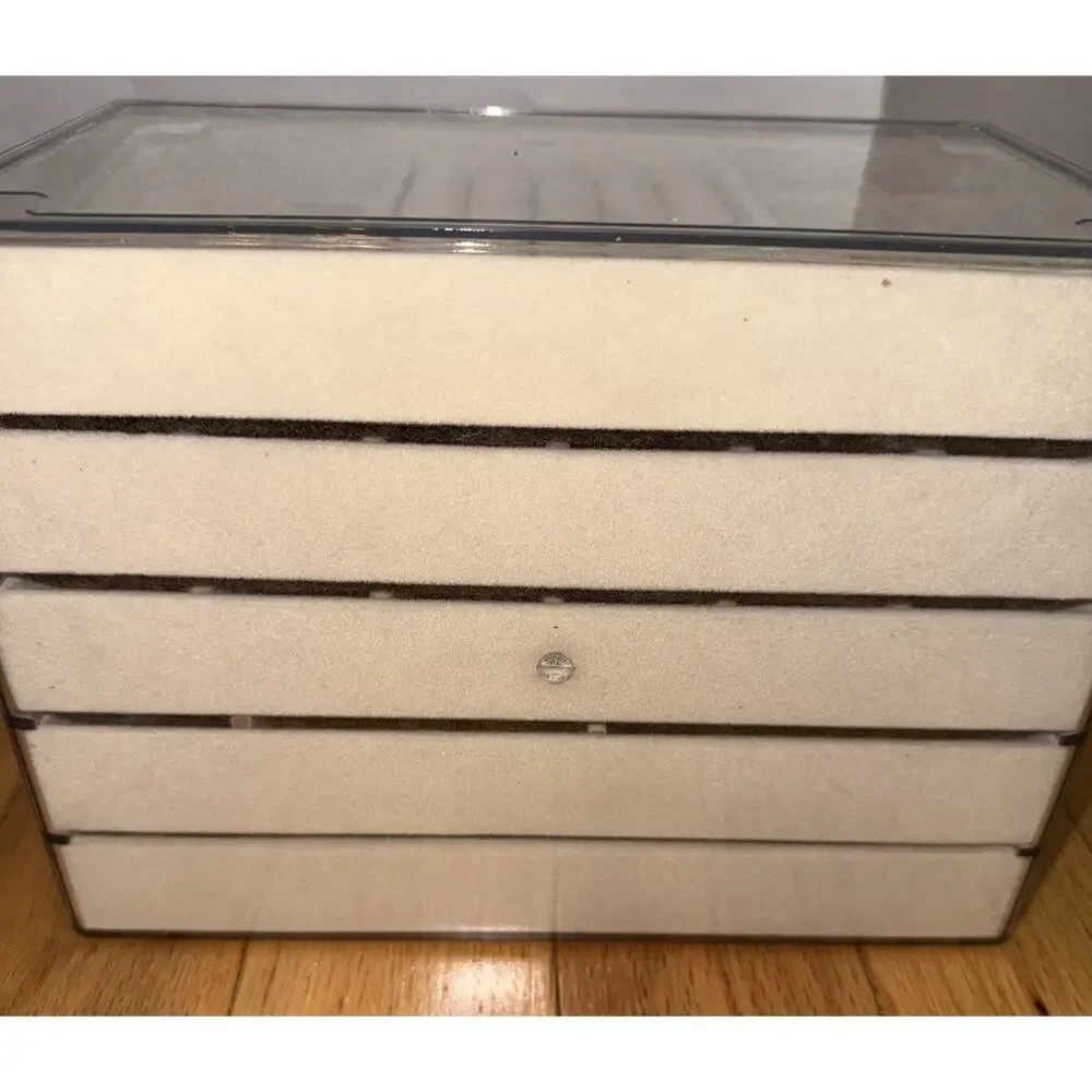 NWT Earring Jewelry Storage Box Organizer Acrylic 5 Drawers Beige Velvet Trays